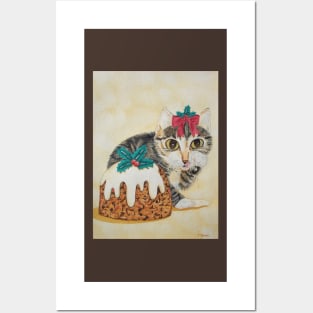 Cute gray kitten dressed for christmas Posters and Art